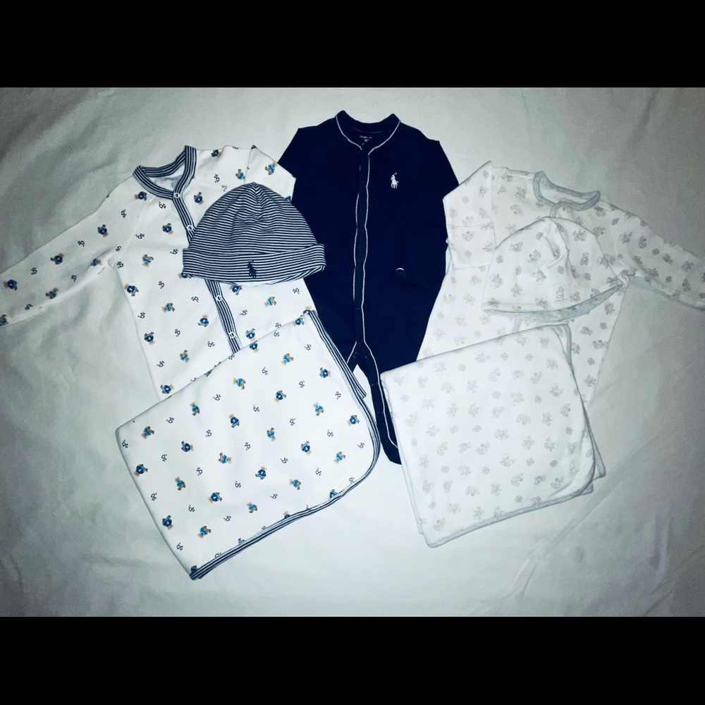 3 Cotton Jersey Footed Coveralls with 2 matching hats and 2 matching blankets!